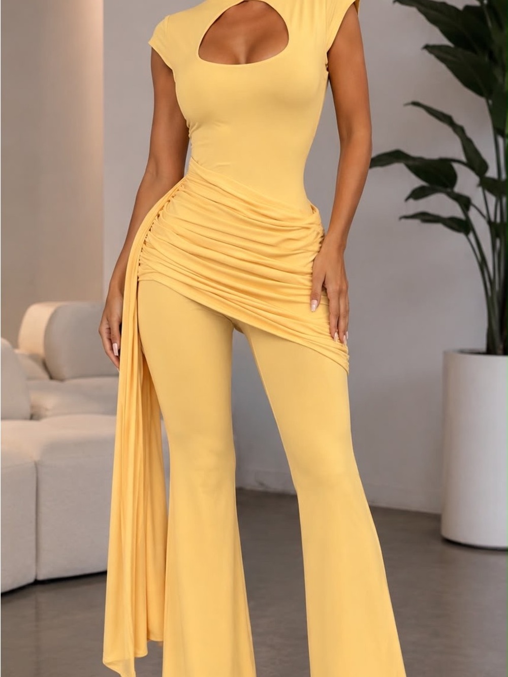 Yellow Ruched Keyhole Jumpsuit with Flared Pants